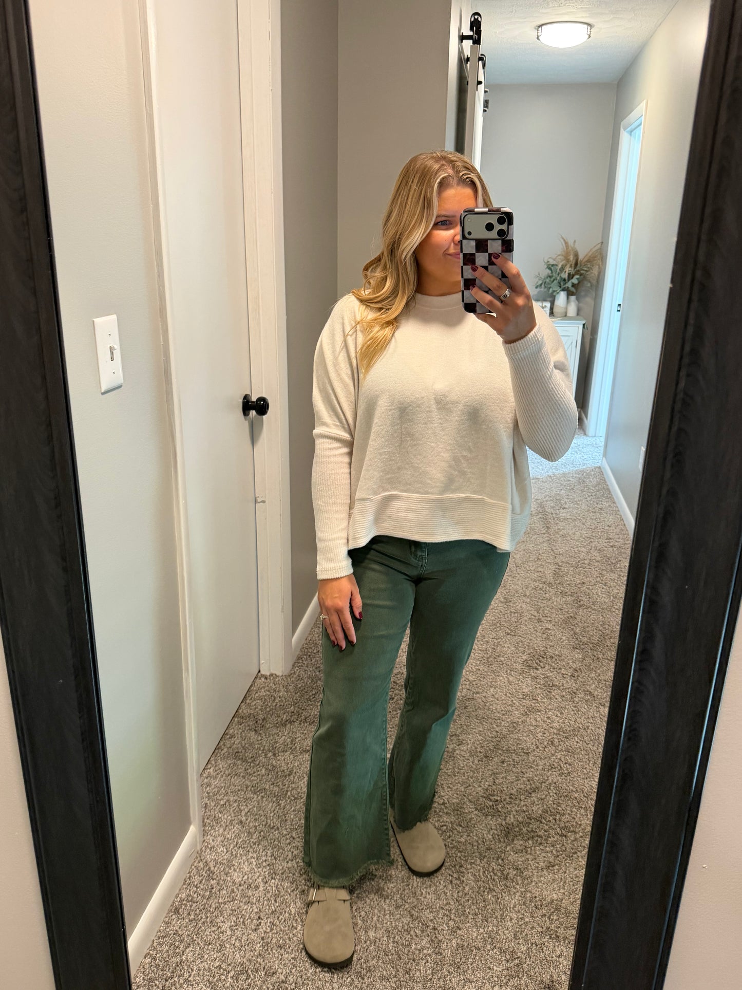 Hadley-Dark Olive High Waisted Frayed Hem Jean