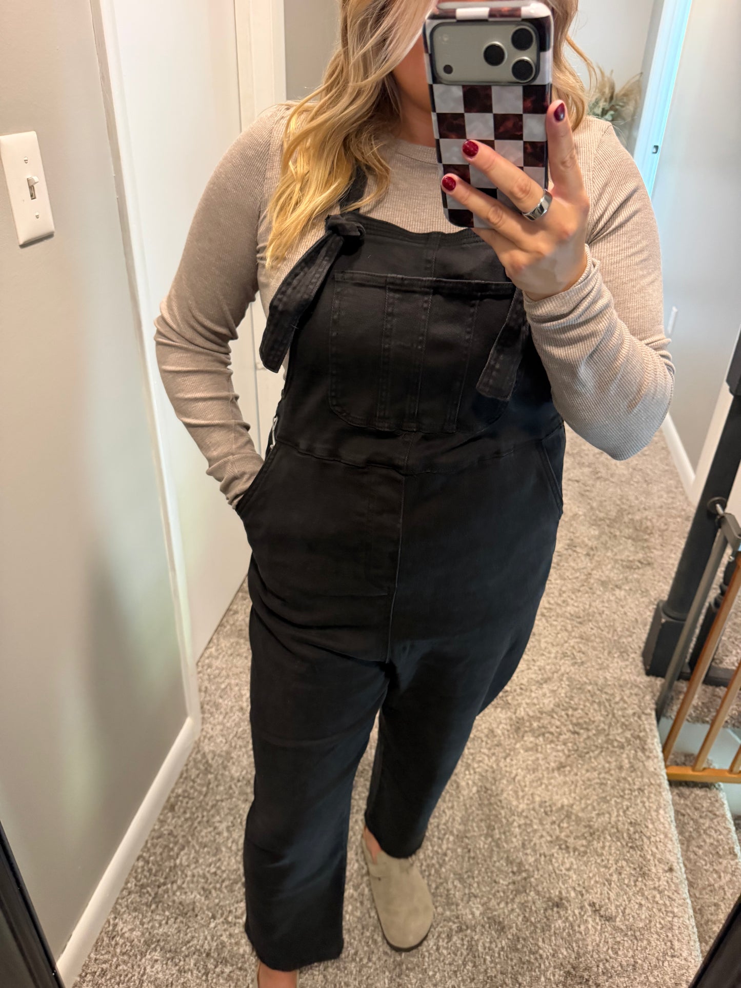 Hadley- Black Washed Knot Relaxed Fit Overalls